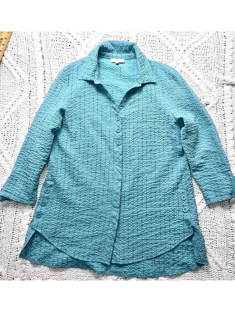 Habitat Sz XS Wearable Art to Wear Blue 3/4 Sleeve Artsy Blouse Shirt Top Womens